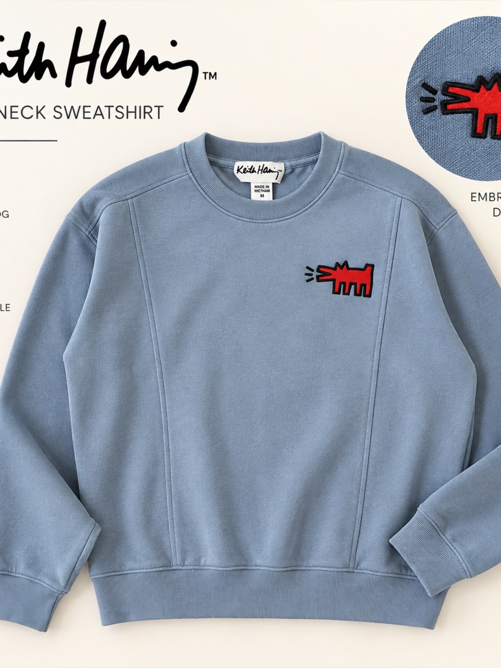 Keith Haring Barking Dog Crewneck Sweatshirt Blue Gray Size M